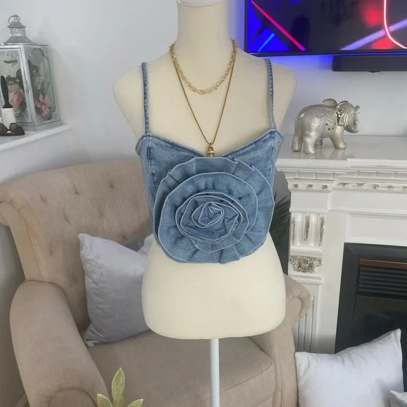 MUMU Blue Denim Floral Bustier Top SIZE M - Picture 8 of 10